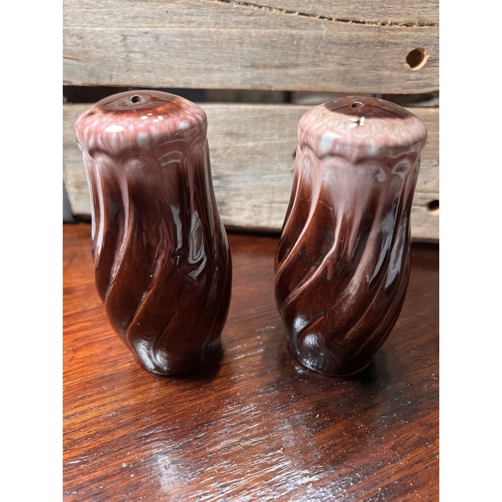 Brown‎ and Pink Drip Glaze SALT AND PAPPER SHAKERS Swirl NAPCO Japan Vintage MCM